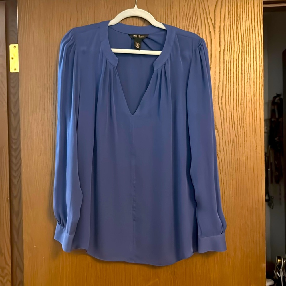 White House Black Market Blue Silk V-Neck Blouse Women's Size 14